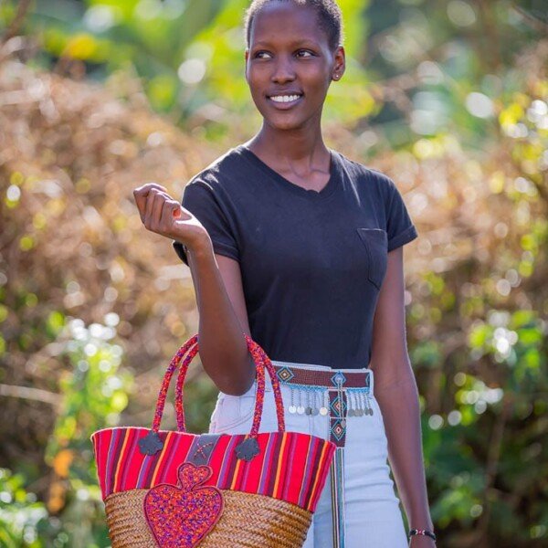 Handwoven Kikoy & Sisal Basket - Colorful African Storage Basket