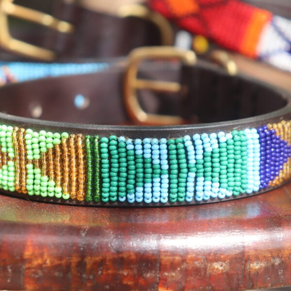 Handmade Green Beaded Dog Collar - African Leather Pet Accessory