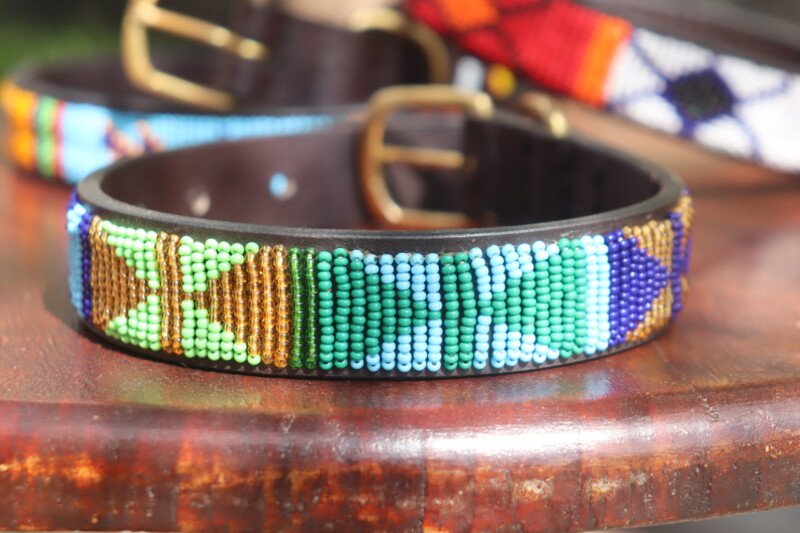 Handmade Green Beaded Dog Collar - African Leather Pet Accessory