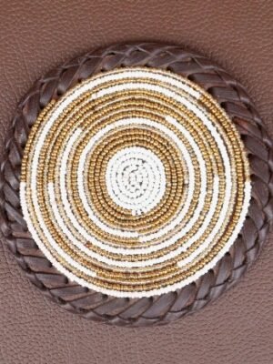 Durable Gold and White Beaded Coaster with Leather Trim Durable Gold and White Beaded Coaster with Leather Trim
