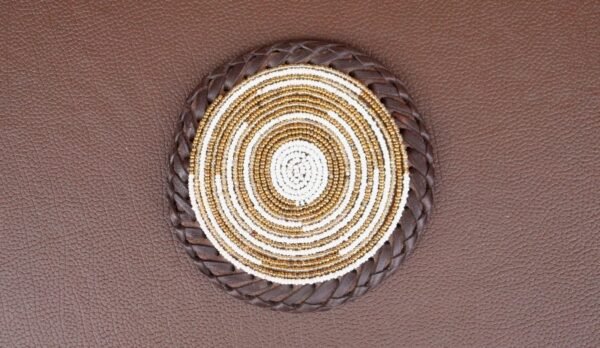 Durable Gold and White Beaded Coaster with Leather Trim Durable Gold and White Beaded Coaster with Leather Trim