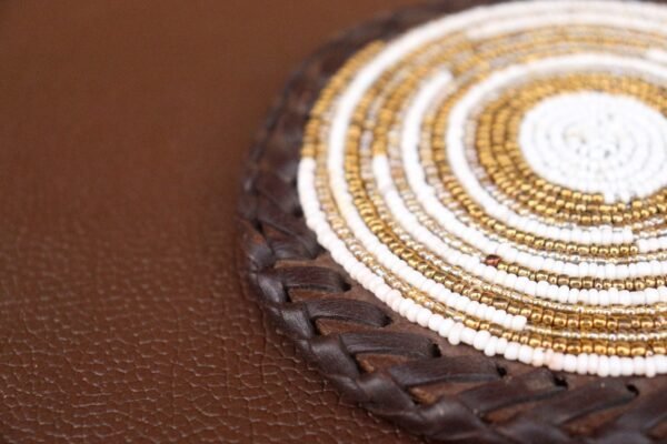 Durable Gold and White Beaded Coaster with Leather Trim Durable Gold and White Beaded Coaster with Leather Trim