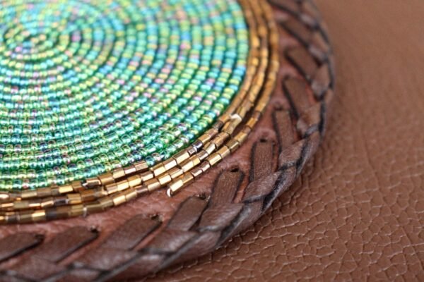 Emerald Dusk Beaded Coaster - Green & Gold with Leather Trim