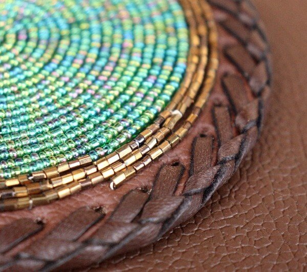 Emerald Dusk Beaded Coaster - Green & Gold with Leather Trim