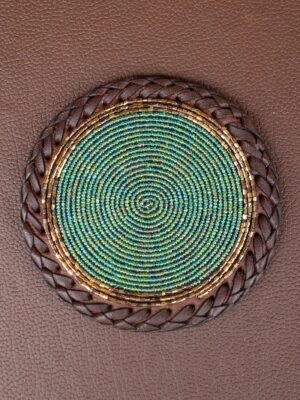 Emerald Dusk Beaded Coaster – Green & Gold with Leather Trim Emerald Dusk Beaded Coaster – Green & Gold with Leather Trim