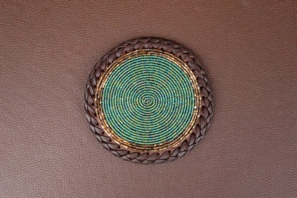 Emerald Dusk Beaded Coaster – Green & Gold with Leather Trim