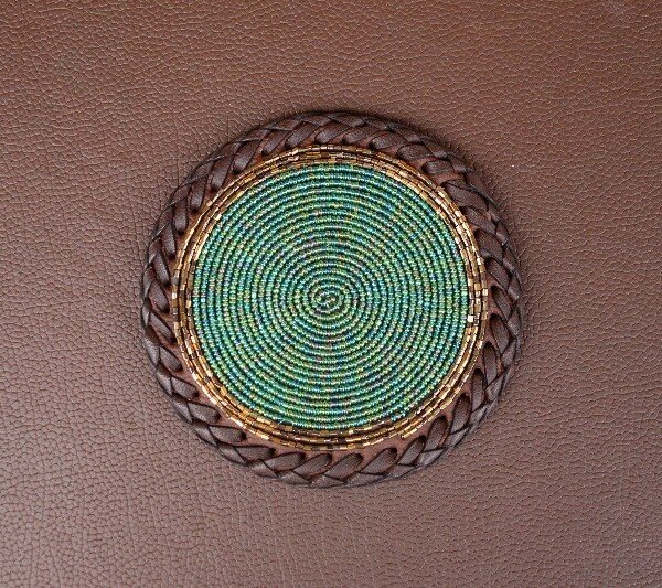 Emerald Dusk Beaded Coaster - Green & Gold with Leather Trim