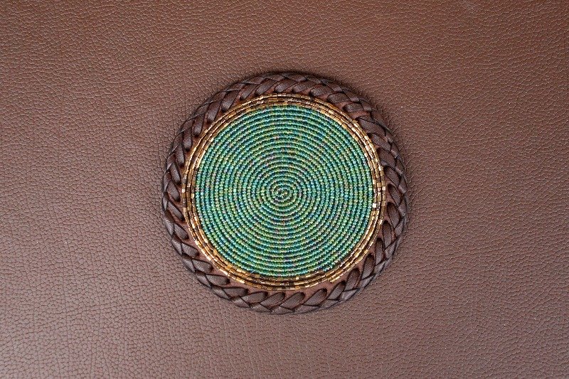 Emerald Dusk Beaded Coaster – Green & Gold with Leather Trim