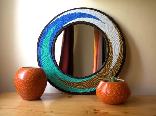16 inch Ocean Wave Design Beaded Mirror – Handmade African Wall Art