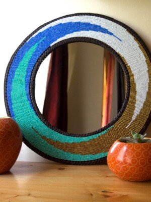 16 inch Ocean Wave Design Beaded Mirror – Handmade African Wall Art