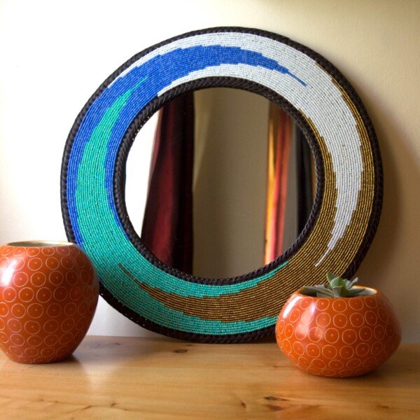 16 inch Ocean Wave Design Beaded Mirror – Handmade African Wall Art