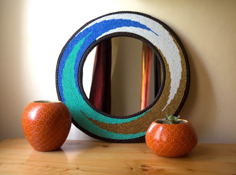 16 inch Ocean Wave Design Beaded Mirror – Handmade African Wall Art