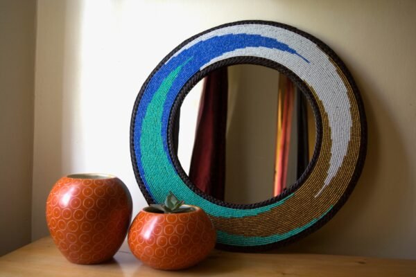 16 inch Ocean Wave Design Beaded Mirror – Handmade African Wall Art