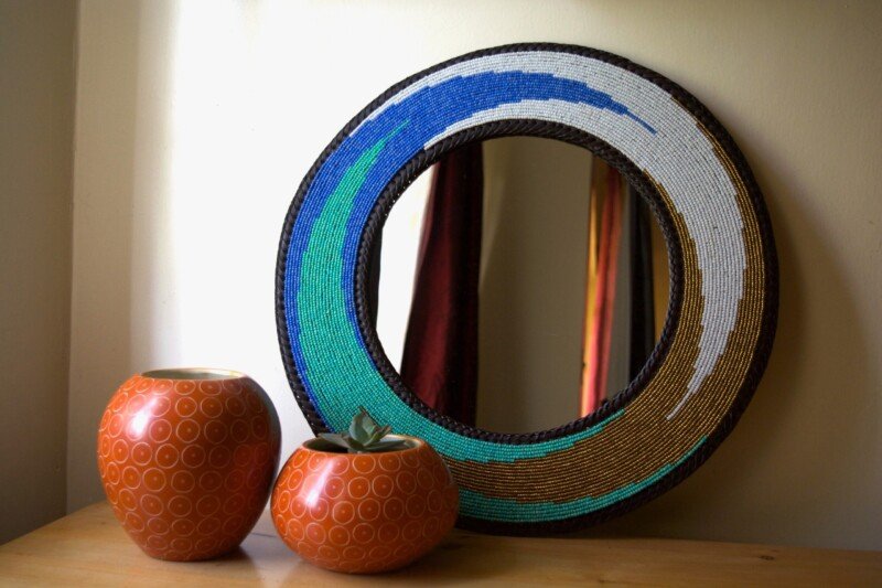 16 inch Ocean Wave Design Beaded Mirror – Handmade African Wall Art