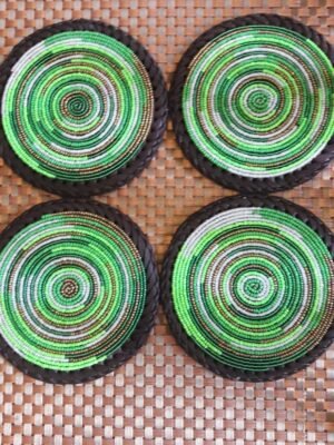 Green Beaded Coasters with Leather Trim Green Beaded Coasters with Leather Trim