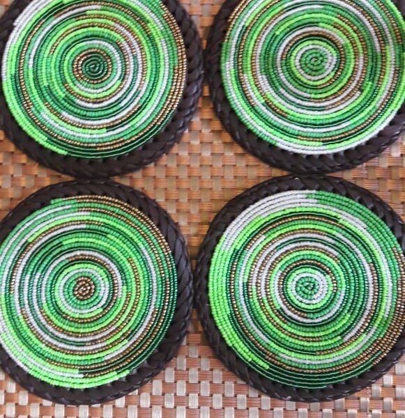 Green Beaded Coasters with Leather Trim