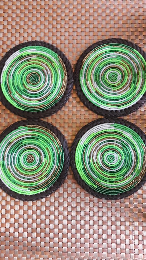 Green Beaded Coasters with Leather Trim Green Beaded Coasters with Leather Trim