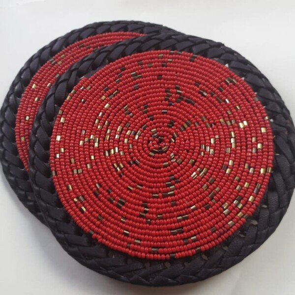 Handmade Red & Black Beaded Coasters - African Home Décor