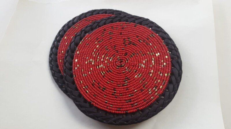 Handmade Red & Black Beaded Coasters - African Home Décor