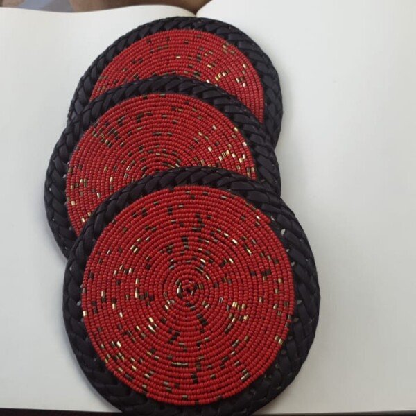 Handmade Red & Black Beaded Coasters - African Home Décor