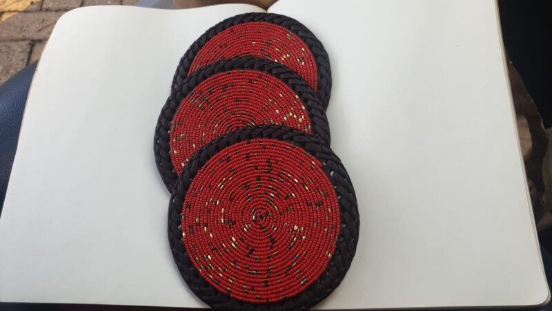 Handmade Red & Black Beaded Coasters - African Home Décor