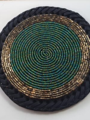 Handmade Green & Gold Beaded Coasters - African Table Décor Handmade Green & Gold Beaded Coasters - African Table Décor