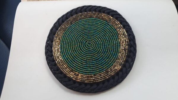 Handmade Green & Gold Beaded Coasters - African Table Décor Handmade Green & Gold Beaded Coasters - African Table Décor