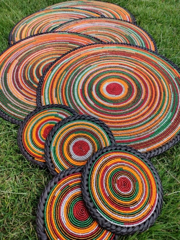 Sunset Glow Beaded Coaster - Orange with Leather Trim Sunset Glow Beaded Coaster - Orange with Leather Trim