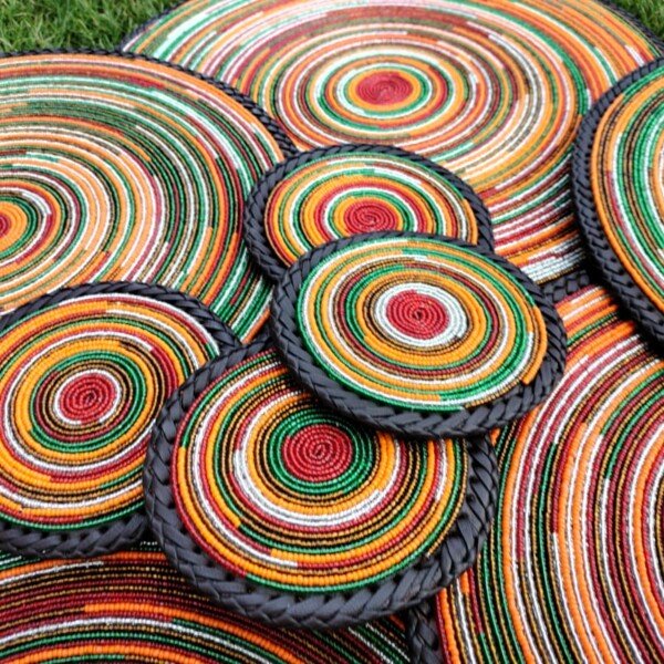 Sunset Glow Beaded Coaster - Orange with Leather Trim