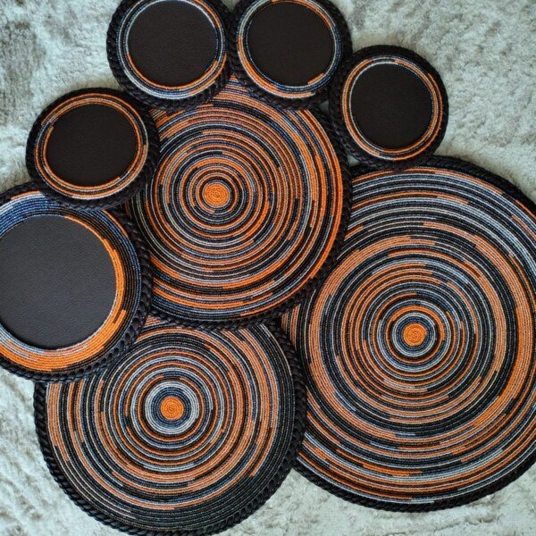 Amber Horizon Half-Beaded Coaster - Orange & Leather Fusion