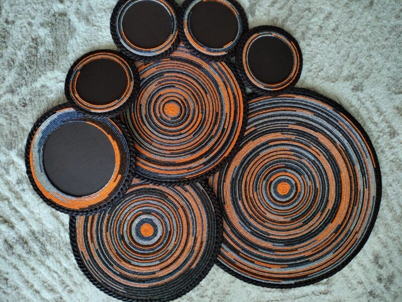 Amber Horizon Half-Beaded Coaster – Orange & Leather Fusion