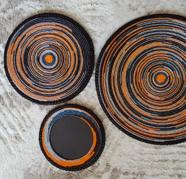 Amber Horizon Half-Beaded Coaster - Orange & Leather Fusion