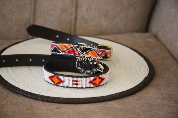 Set of 2 Beaded Dog Collars - White & Orange Handmade Leather