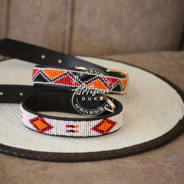 Set of 2 Beaded Dog Collars - White & Orange Handmade Leather