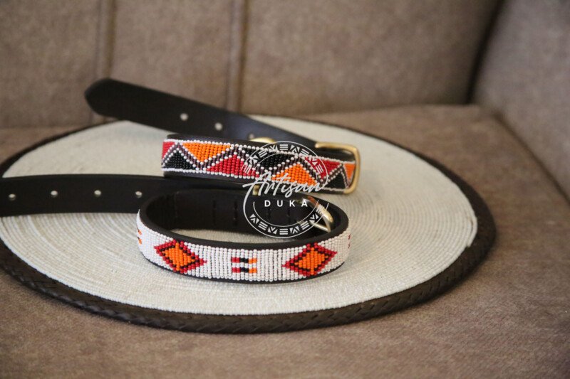 Set of 2 Beaded Dog Collars - White & Orange Handmade Leather