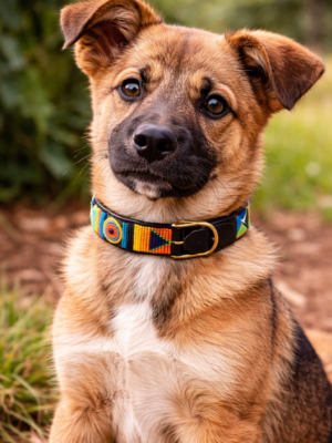 Red, Black, and Orange Beaded Dog Collar - Handmade Maasai Leather