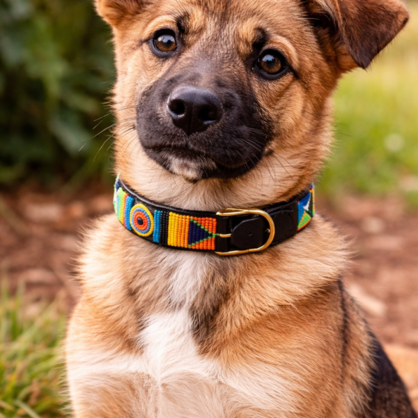 Red, Black, and Orange Beaded Dog Collar - Handmade Maasai Leather