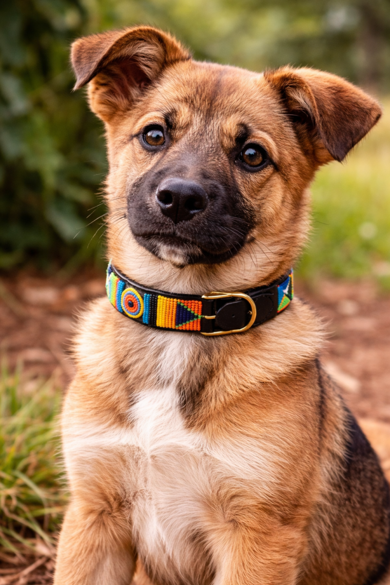 Red, Black, and Orange Beaded Dog Collar - Handmade Maasai Leather