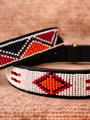Set of 2 Beaded Dog Collars - White & Orange Handmade Leather