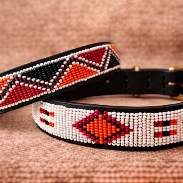 Red, Black, and Orange Beaded Dog Collar - Handmade Maasai Leather