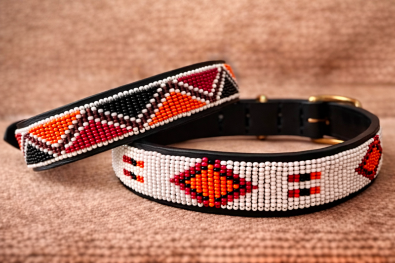 Red, Black, and Orange Beaded Dog Collar - Handmade Maasai Leather