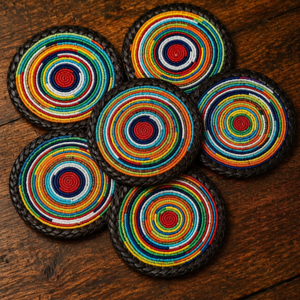 Sunset Glow Beaded Coaster - Orange with Leather Trim