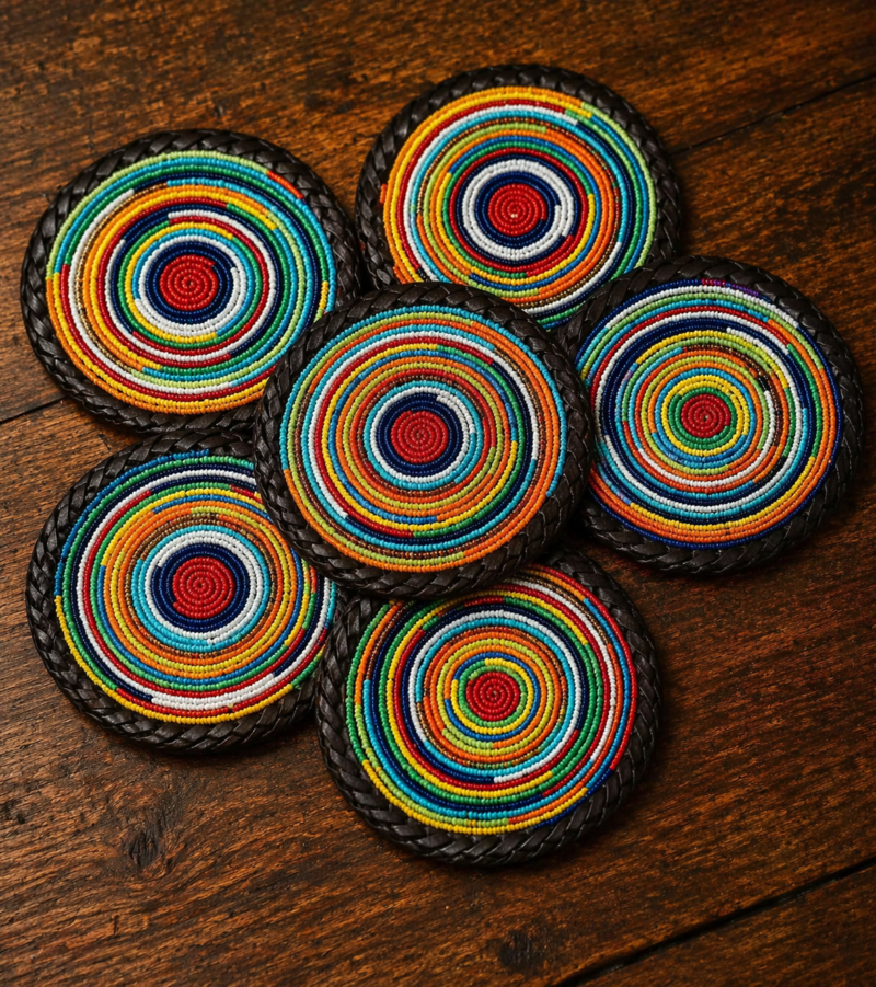 Sunset Glow Beaded Coaster - Orange with Leather Trim