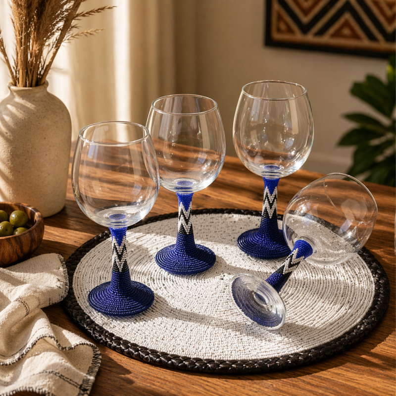 Elegant Navy Blue Beaded Wine Glass – Handmade