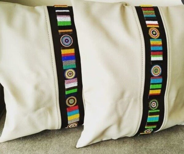 White Patterned Leather Beaded Pillow Cover