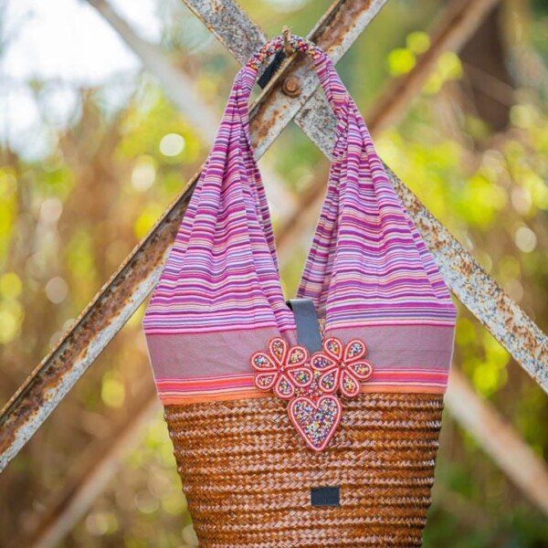 Stylish Purple Kikoy Sisal Basket – Unique Handmade Women’s Handbag