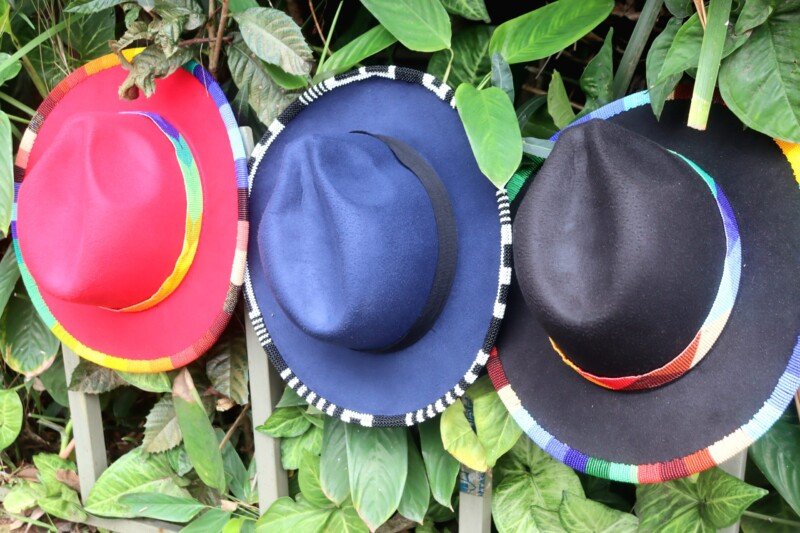 Set of Three Fedora Hats - Red, Black & Blue with Beads