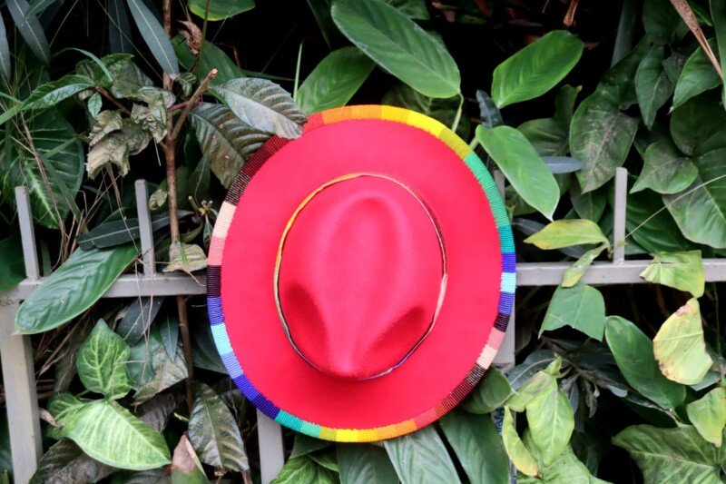 Chic Red Fedora Hat for Ladies with Beaded Band - Pinch Crown