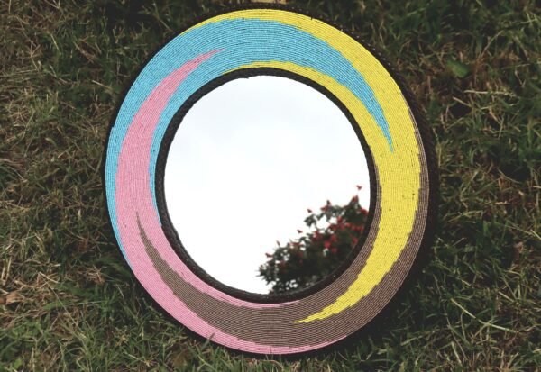 25-inch blue pink and yellow ocean wave beaded mirror 25-inch blue pink and yellow ocean wave beaded mirror