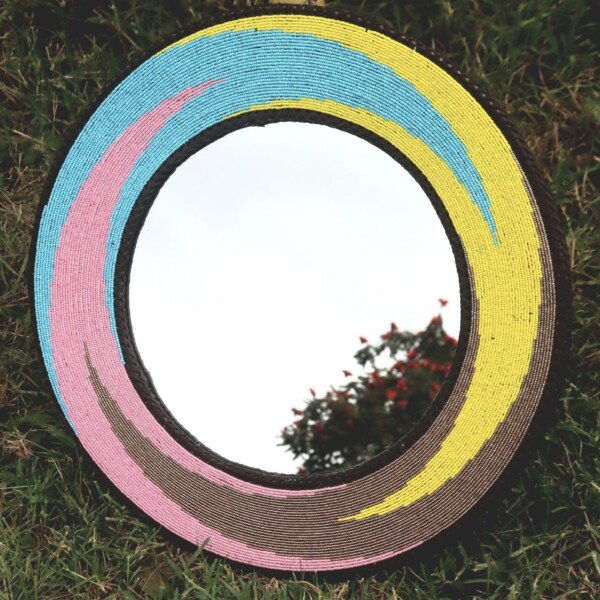 25-inch blue pink and yellow ocean wave beaded mirror